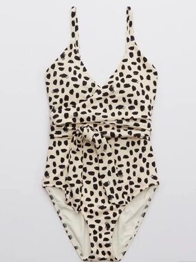 Aerie Pique Wrap One Piece Self-Tie One-Piece Swimsuit in Cream and Black dot